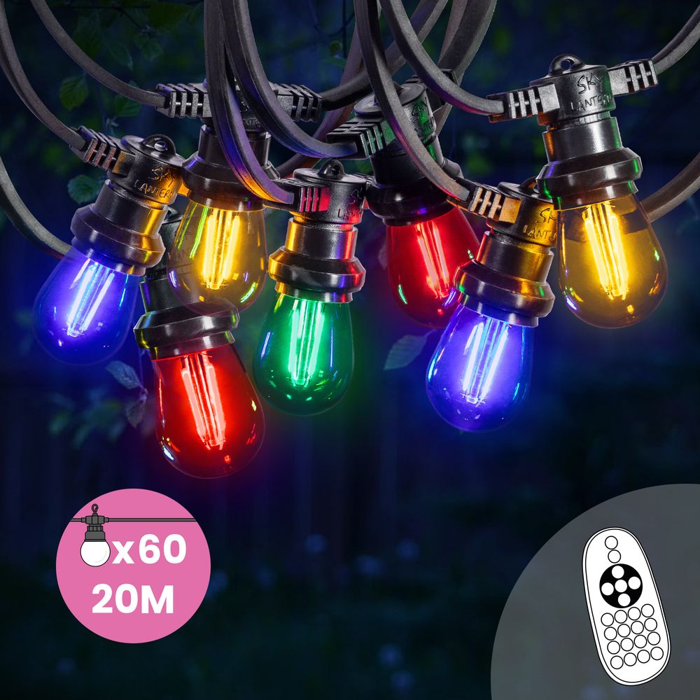 Guirlande Guinguette 20M Filament Multicolore LED 60 Bulbes Dimmables Avec Variateur et Télécommande