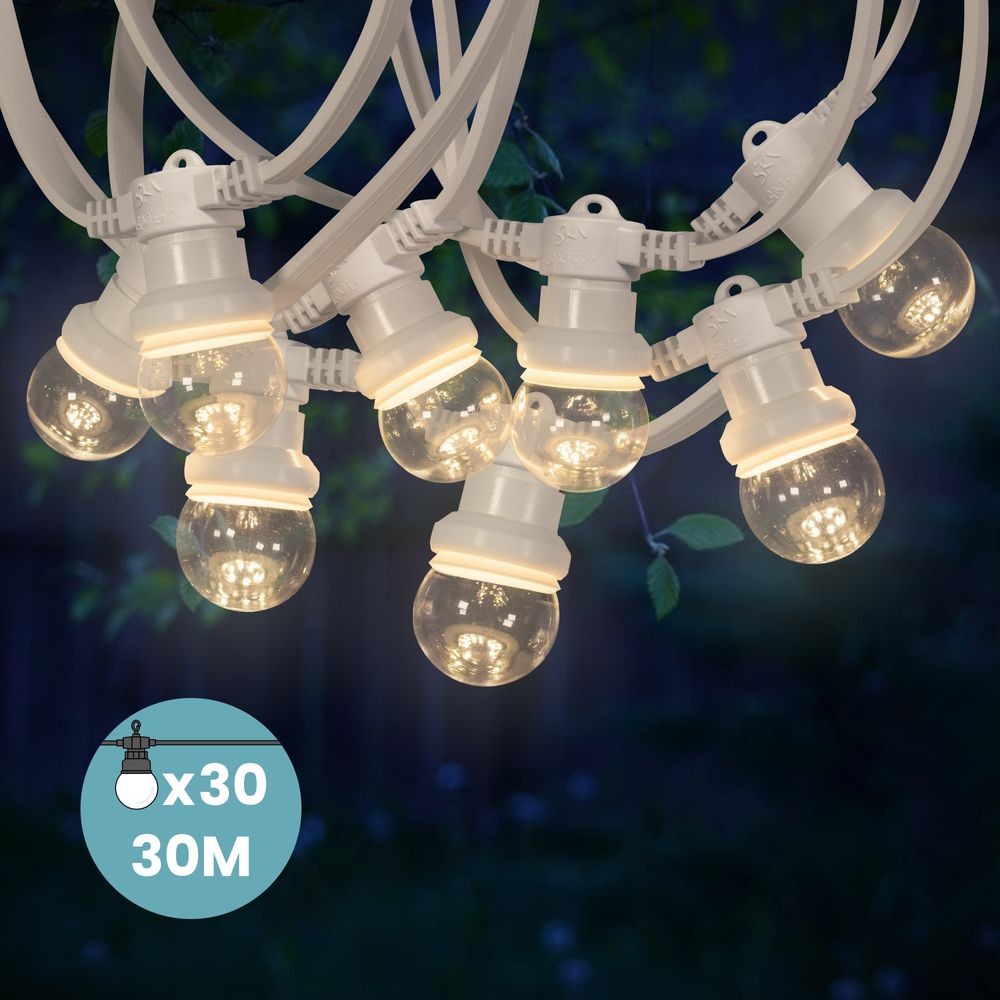 Kit Guirlande Guinguette 30m IP 65 Cable Blanc Bulbes Transparents