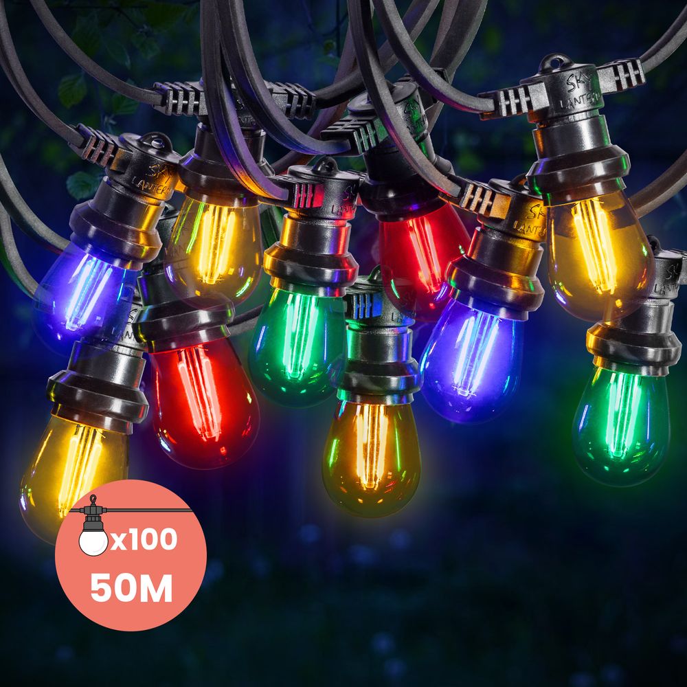 Guirlande Guinguette 50M Filament Multicolore LED 100 Bulbes 