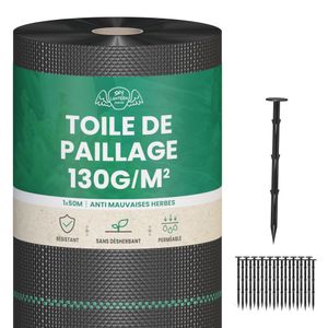 Lot Toile de Paillage 50M 130g/m² + 100 Sardines de Fixation en Plastique