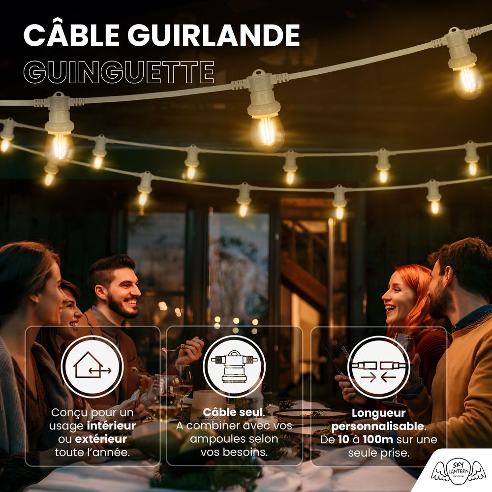 Guirlande guinguette IP65 10m +10 ampoules LED E27 à filament