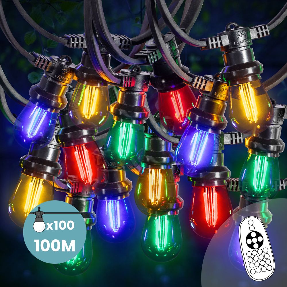 Guirlande Guinguette 100M Filament Multicolore LED 100 Bulbes Dimmables Avec Variateur et Télécommande