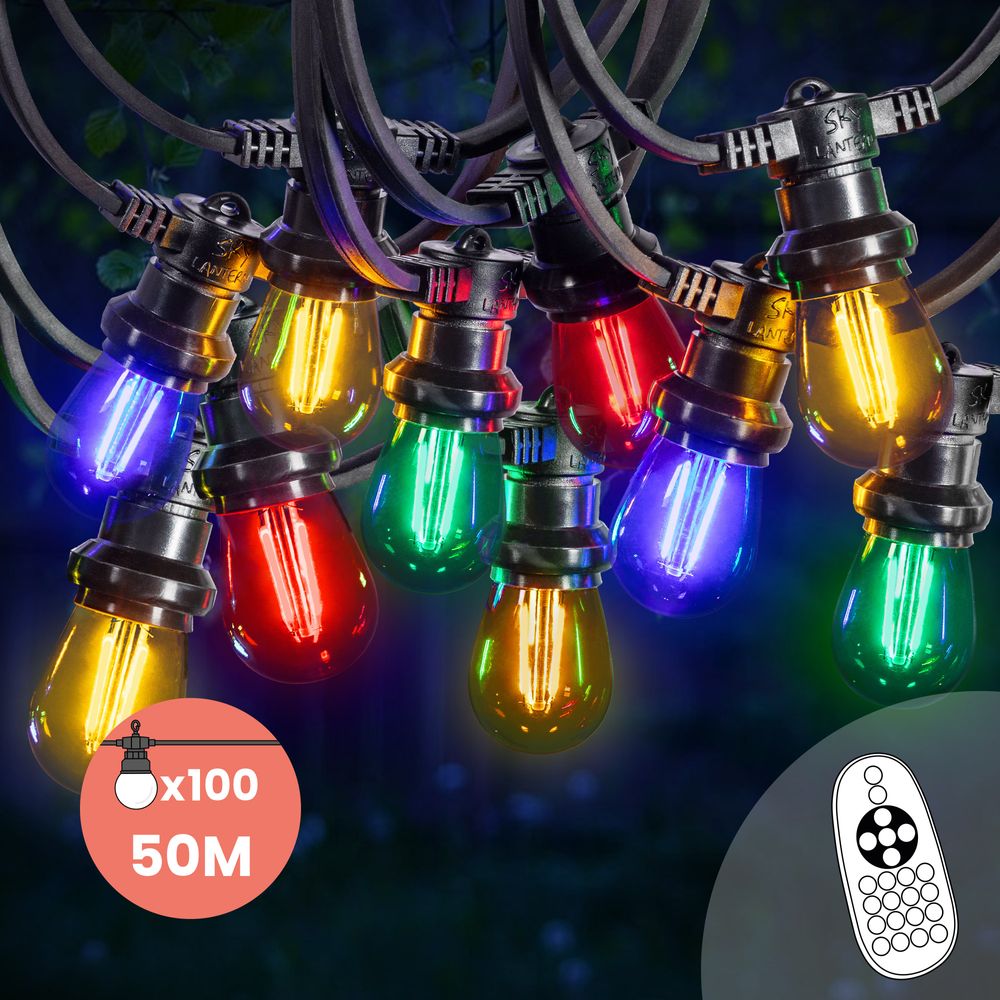 Guirlande Guinguette 50M Filament Multicolore LED 100 Bulbes Dimmables Avec Variateur et Télécommande