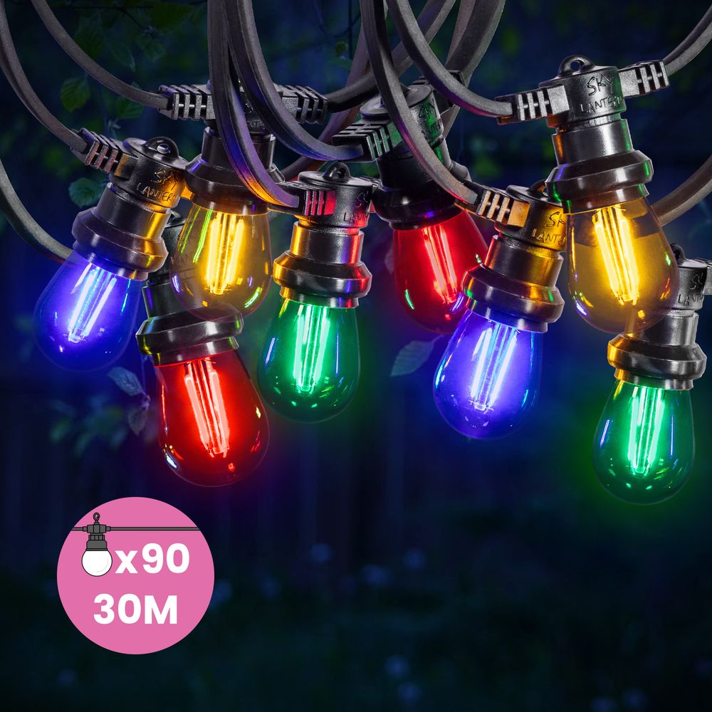 Guirlande Guinguette 30M Filament Multicolore LED 90 Bulbes 