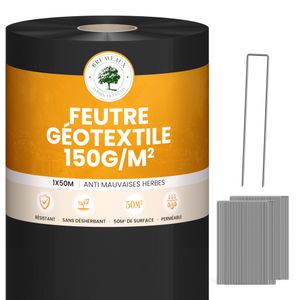 Lot Feutre Géotextile non tissé  50m² 150g/m² + 100 Sardines de Fixation en metal
