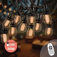 Guirlande Guinguette 50M Filament LED Ambré 100 Bulbes Dimmables Avec Variateur et Télécommande