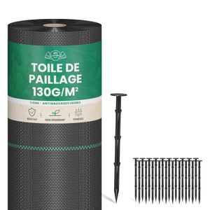 Lot Toile de Paillage 50M 130g/m² + 100 Sardines de Fixation en Plastique