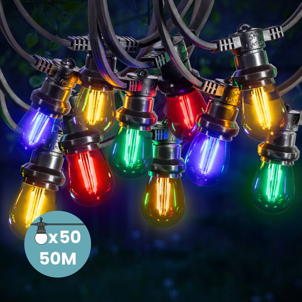 Guirlande Guinguette 50M Filament Multicolore LED 50 Bulbes 