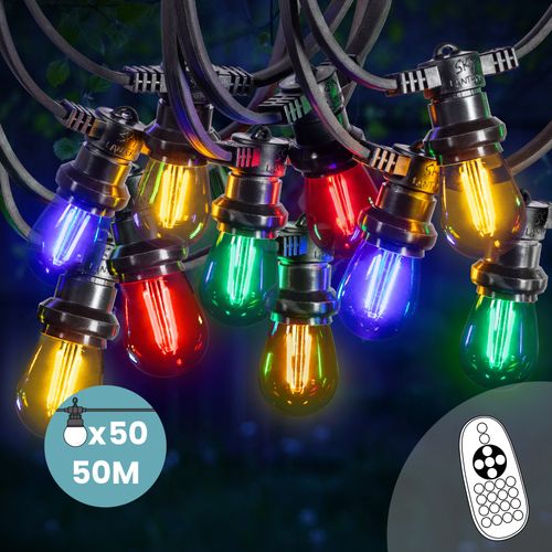 Guirlande Guinguette 50M Filament Multicolore LED 50 Bulbes Dimmables Avec Variateur et Télécommande