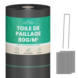 Lot Toile de Paillage 50M 80g/m² + 100 Sardines de Fixation