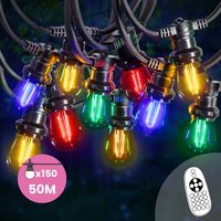 Guirlande Guinguette 50M Multicolore Filament Multicolore LED 150 Bulbes Dimmables Avec Variateur et Télécommande