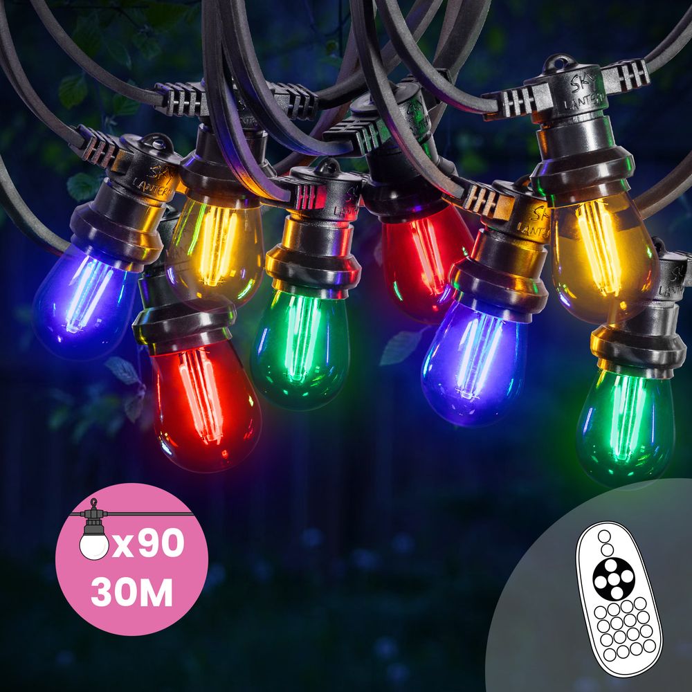 Guirlande Guinguette 30M Filament Multicolore LED 90 Bulbes Dimmables Avec Variateur et Télécommande