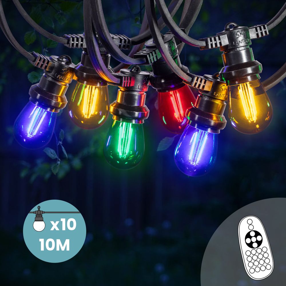 Guirlande Guinguette 10M Filament Multicolore LED 10 Bulbes Dimmables Avec Variateur et Télécommande