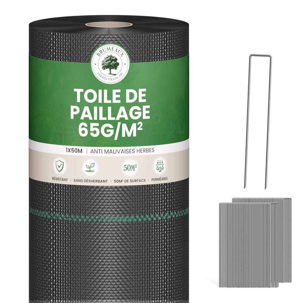 Lot Toile de Paillage 50M 65g/m² + 100 Sardines de Fixation