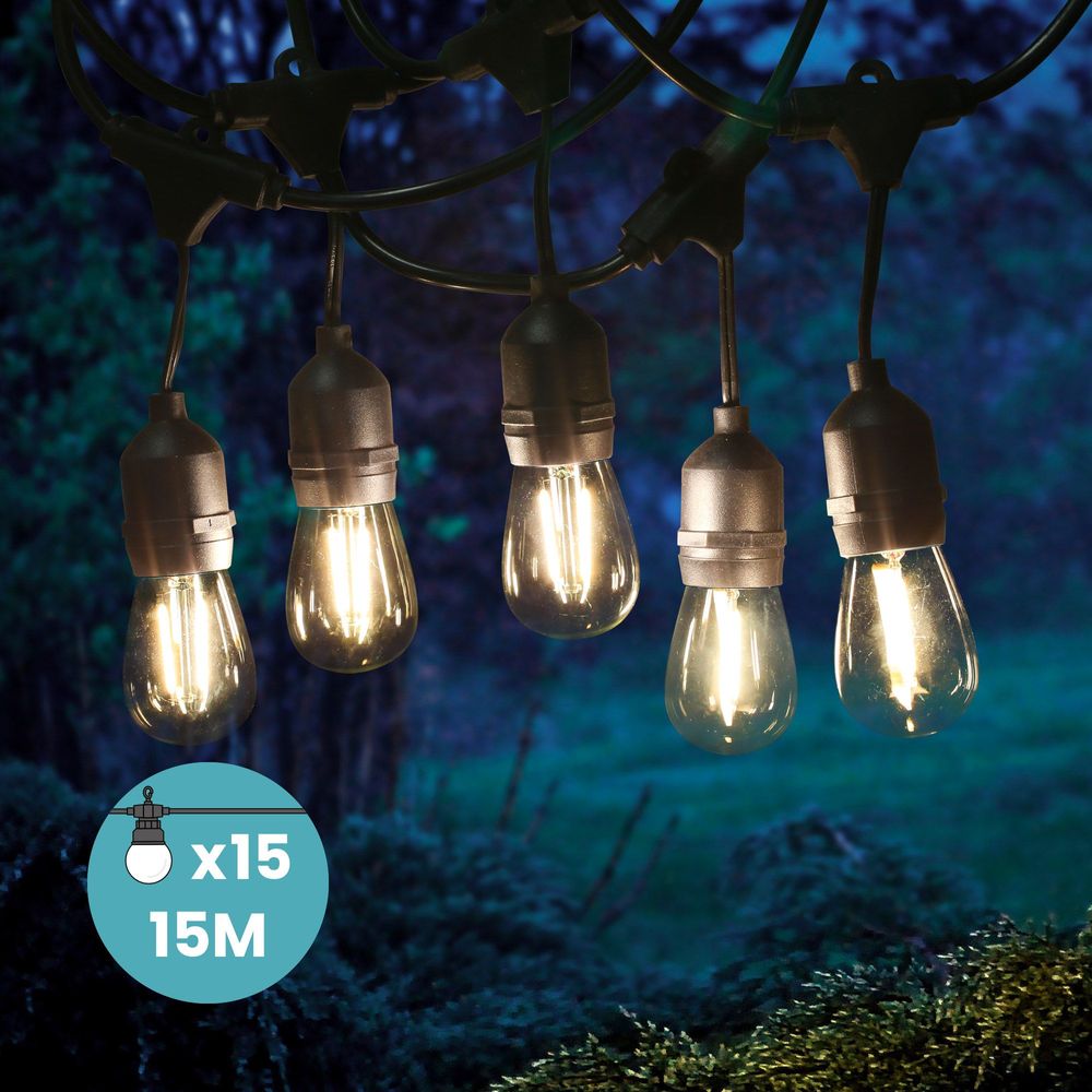 Guirlande guinguette 15 M pendante filament LED 15 bulbes