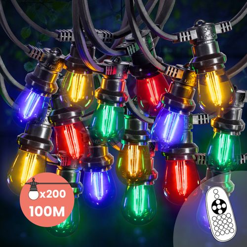 Guirlande Guinguette 100M Filament Multicolore LED 200 Bulbes Dimmables Avec Variateur et Télécommande