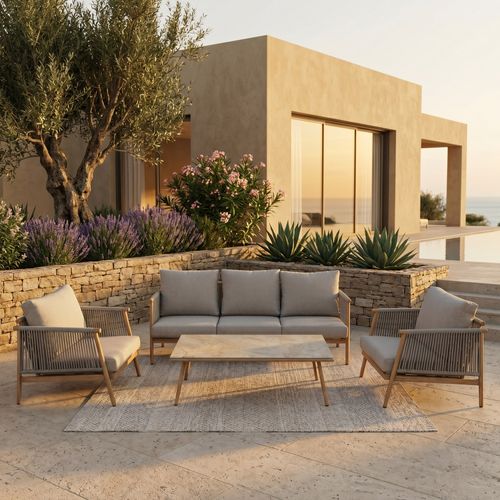Salon de Jardin Vienne effet bois gris - 7 Places