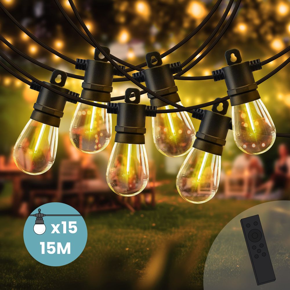 Guirlande Guinguette IP65 LED 15M 15 Bulbes Filament Allongé  Dimmables Avec Télécommande