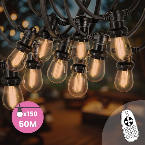 Guirlande Guinguette 50M Filament LED Ambré 150 Bulbes Dimmables Avec Variateur et Télécommande
