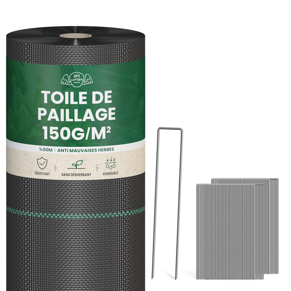 Lot Toile de Paillage 50M 150g/m² + 100 Sardines de Fixation