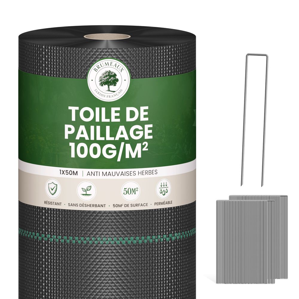 Lot Toile de Paillage 1M x 50M 100g/m² + 100 Sardines de Fixation