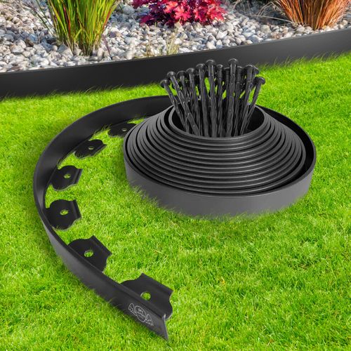 Lot Rouleau Bordure de Jardin Plastique Noir 10M + 30 Piquets Inclus 