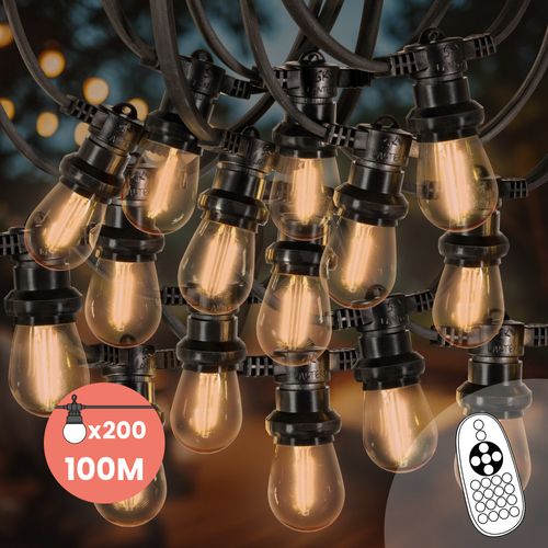 Guirlande Guinguette 100M Filament LED Ambré 200 Bulbes Dimmables Avec Variateur et Télécommande