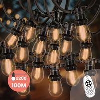 Guirlande Guinguette 100M Filament LED Ambré 200 Bulbes Dimmables Avec Variateur et Télécommande