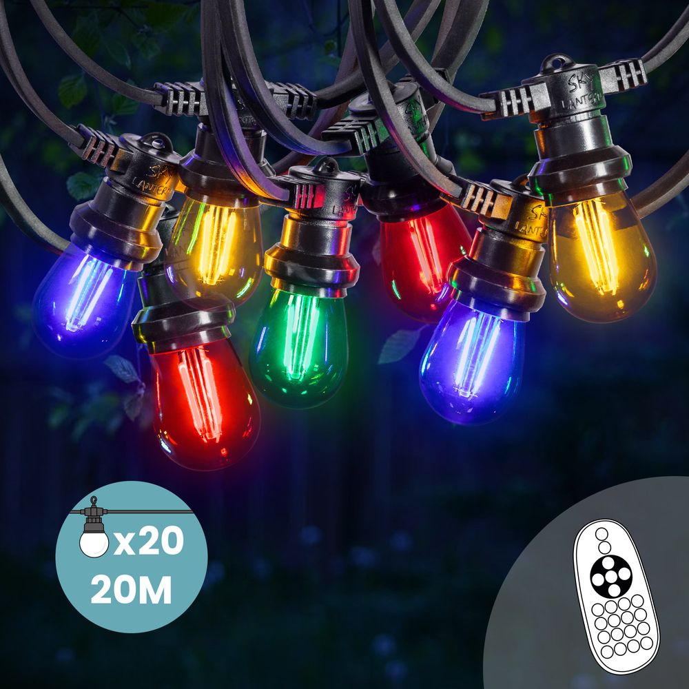 Guirlande Guinguette 20M Filament Multicolore LED 20 Bulbes Dimmables Avec Variateur et Télécommande