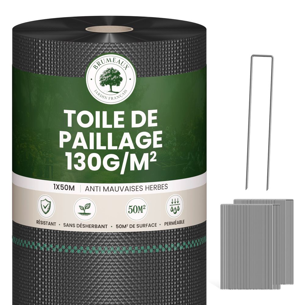 Lot Toile de Paillage 50M 130g/m² + 100 Sardines de Fixation