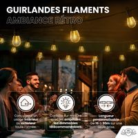 Guirlande Guinguette IP65 LED 15M 15 Bulbes Filament Allongé  Dimmables Avec Télécommande