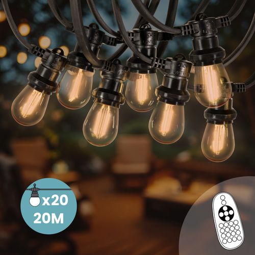 Guirlande Guinguette 20M Filament LED Ambré 20 Bulbes Dimmables Avec Variateur et Télécommande