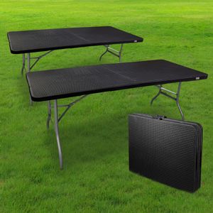Lot de 2 Tables Pliantes 180x74 cm Noire Effet Rotin