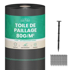 Lot Toile de Paillage 50M 80g/m² + 100 Sardines de Fixation en Plastique