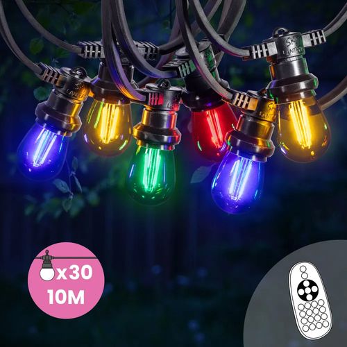 Guirlande Guinguette 10M Filament Multicolore LED 30 Bulbes Dimmables Avec Variateur et Télécommande