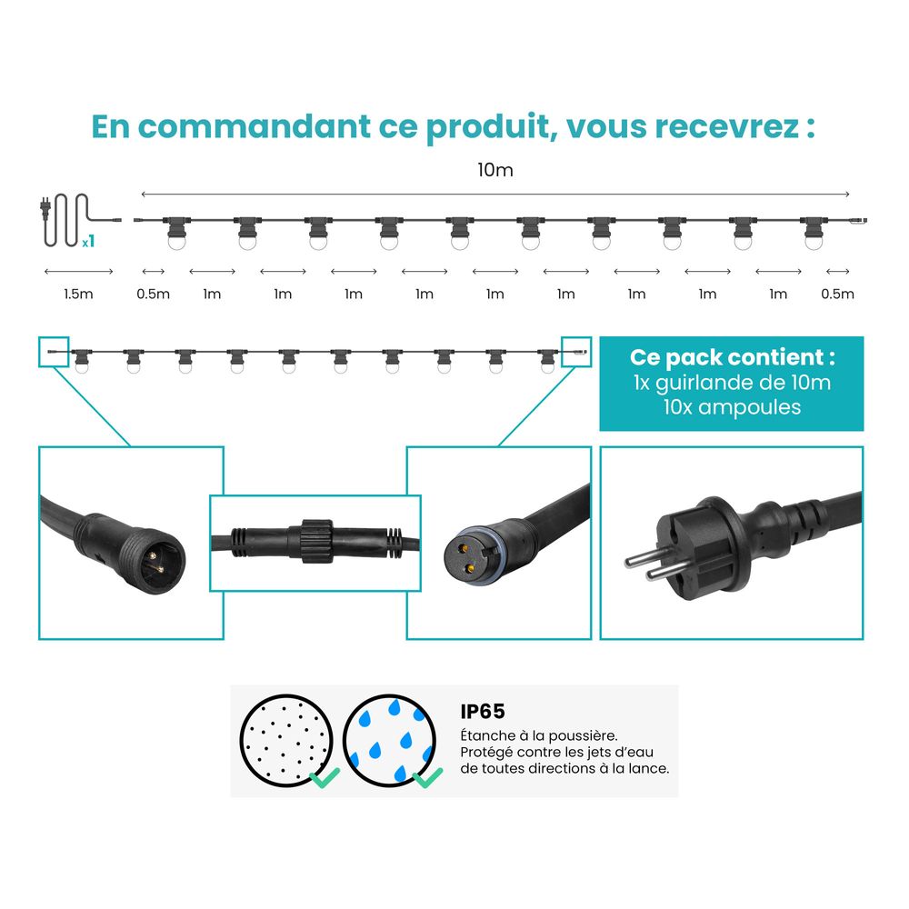 10m Guirlande Guinguette LED IP65 - Exterieur - Raccordable - Lampesonline