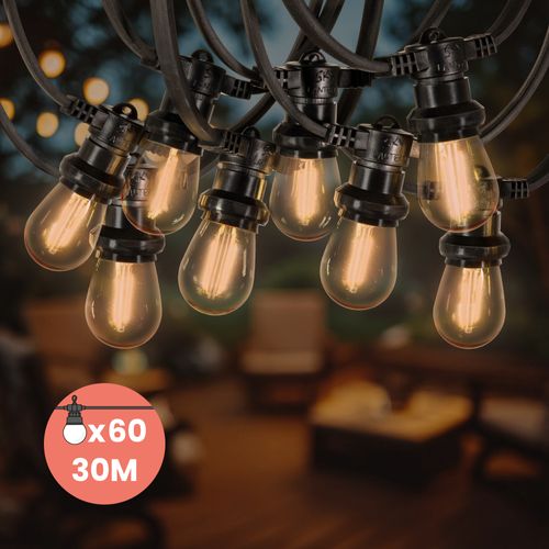 Guirlande Guinguette 30M Filament LED Ambrée 60 Bulbes